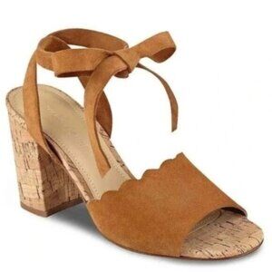 Marc Fisher Piya Lace-Up Cork Block Heel Sandals 9 Brown Leather Peep Toe